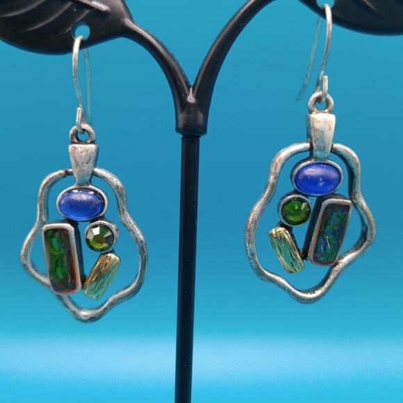 Chico's Silver Tone Drop Earrings, Blue and Green Stones, Hook Ear Wire - Picture 5 of 9